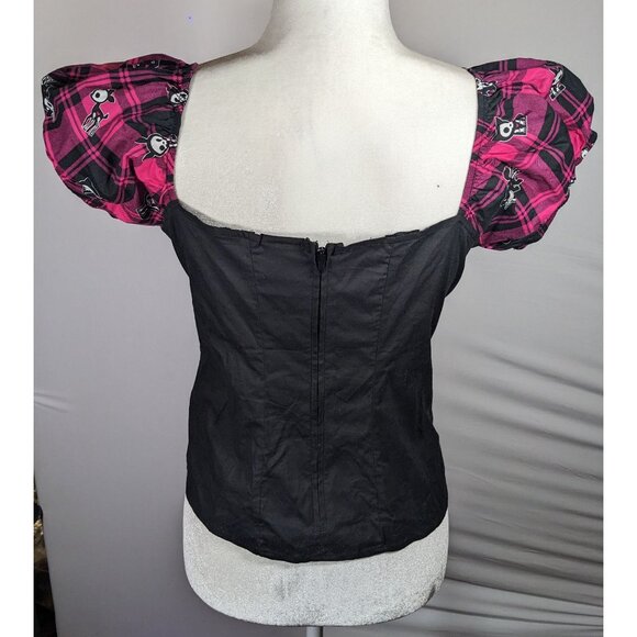 Skelanimals Gothic Laced Front Puff Sleeve Black And Magenta Top - Picture 7 of 7